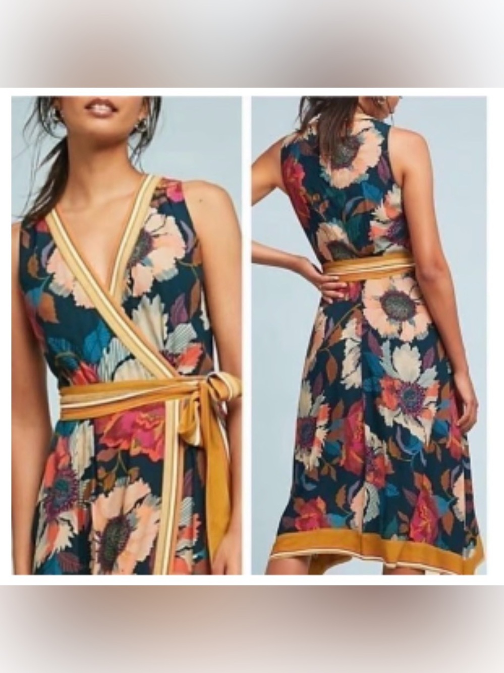 Anthropologie Maeve Floral Wrap Midi Dress in Teal, Mustard & Pink